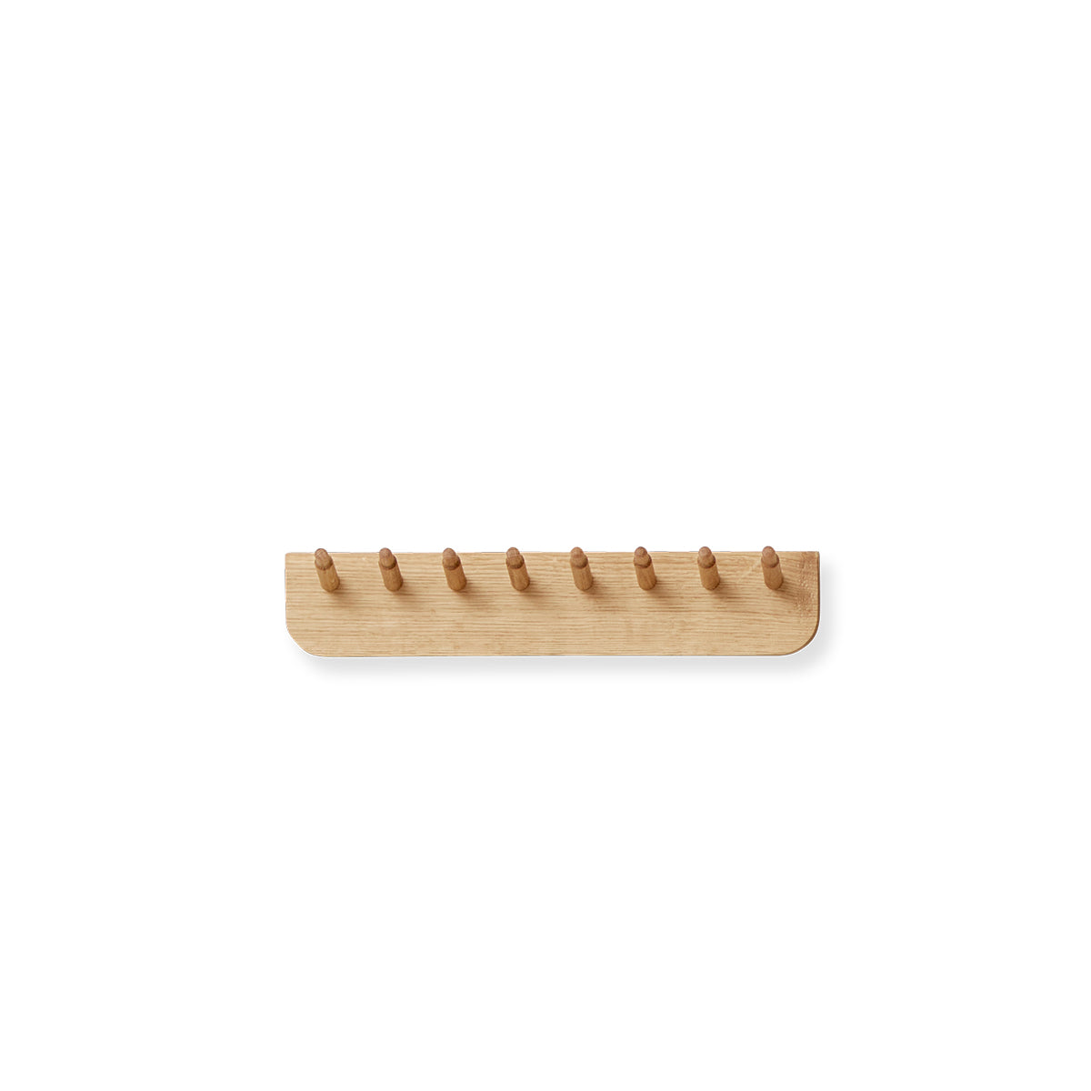 Echo Coat Rack Small by Form & Refine, crafted from solid European oak, featuring curved pegs and a sturdy backrest, available in natural oak finish, designed for hanging coats, hats, and scarves in hallways or entryways.