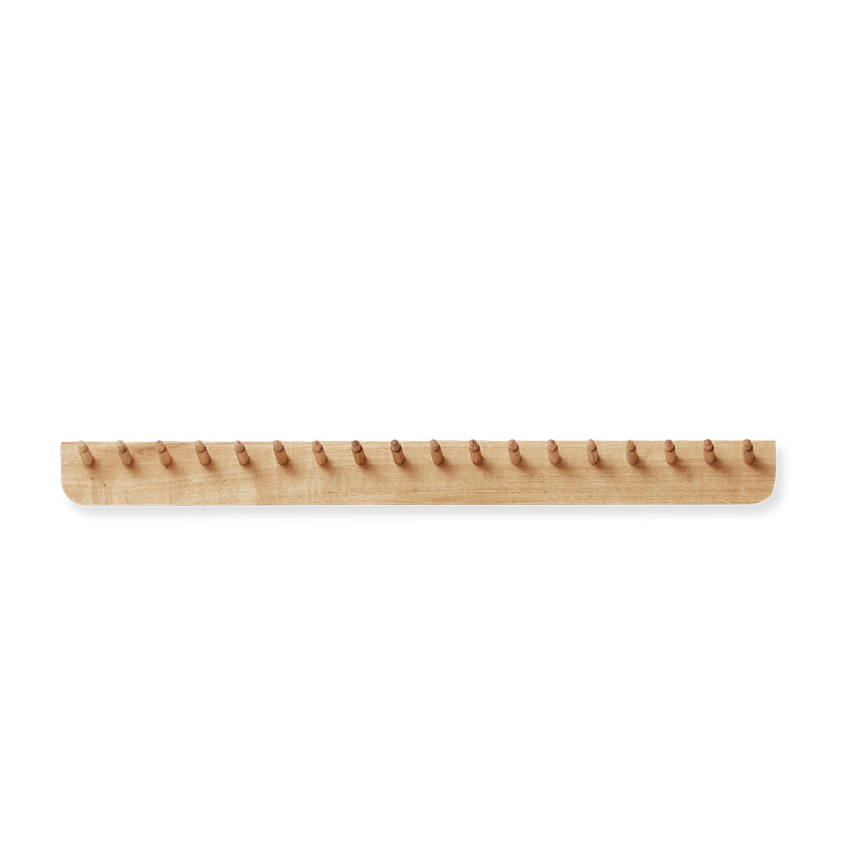 Echo Coat Rack by Form & Refine, crafted from solid European oak, featuring curved pegs and a sturdy backrest, available in natural oak finish, designed for hanging coats, hats, and scarves in hallways or entryways.