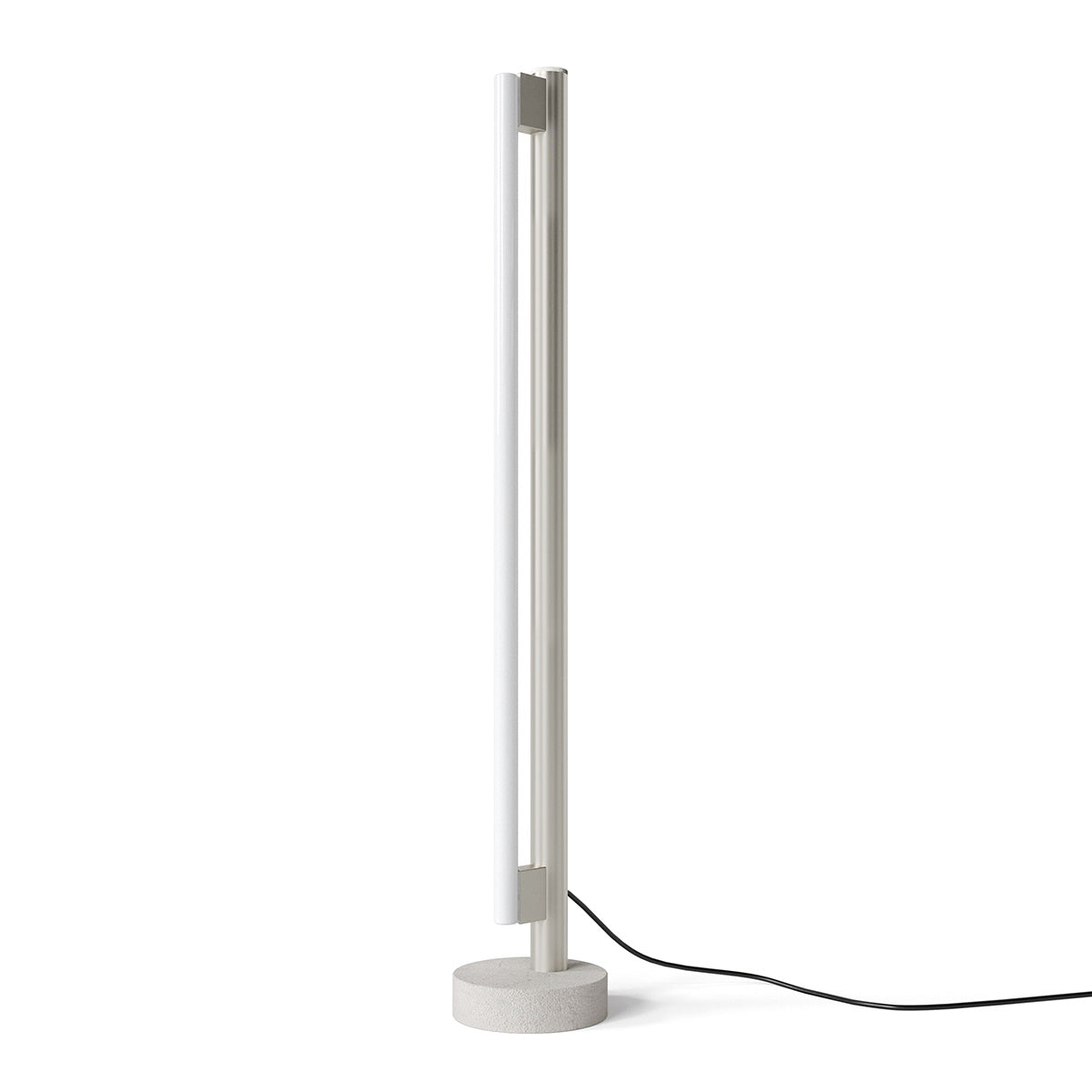 Eiffel Floor Lamp by Frama featuring a minimalist design with a stainless steel frame, opal glass LED tube, and a natural stone base, offering dimmable ambient lighting suitable for various interior settings.