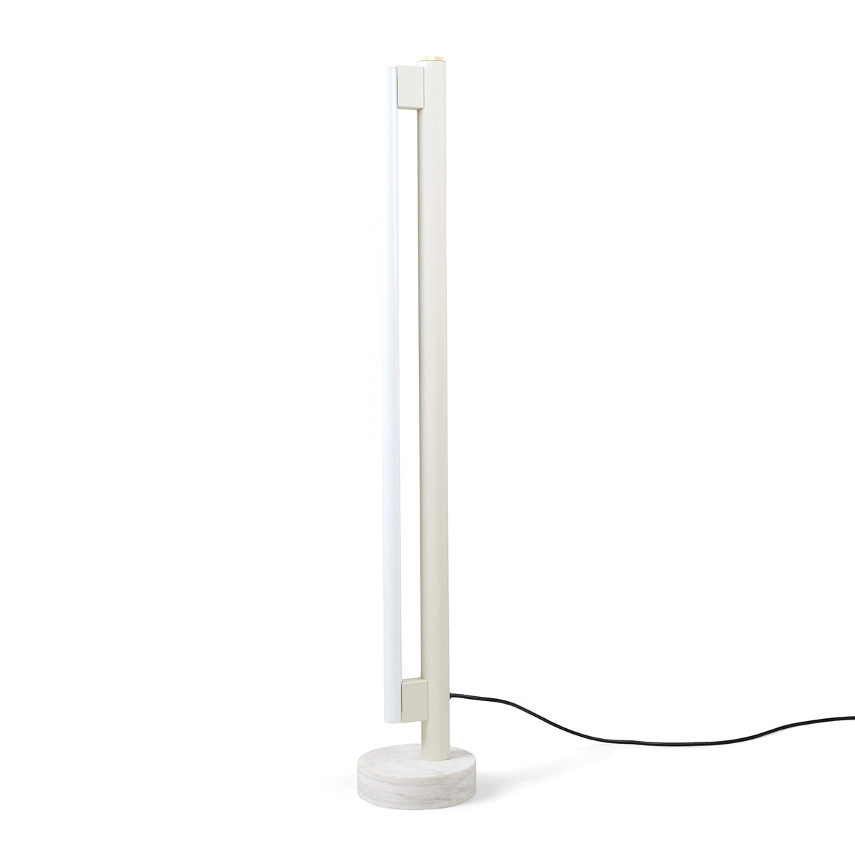 Eiffel Floor Lamp by Frama featuring a minimalist design with a stainless steel frame, opal glass LED tube, and a natural stone base, offering dimmable ambient lighting suitable for various interior settings.