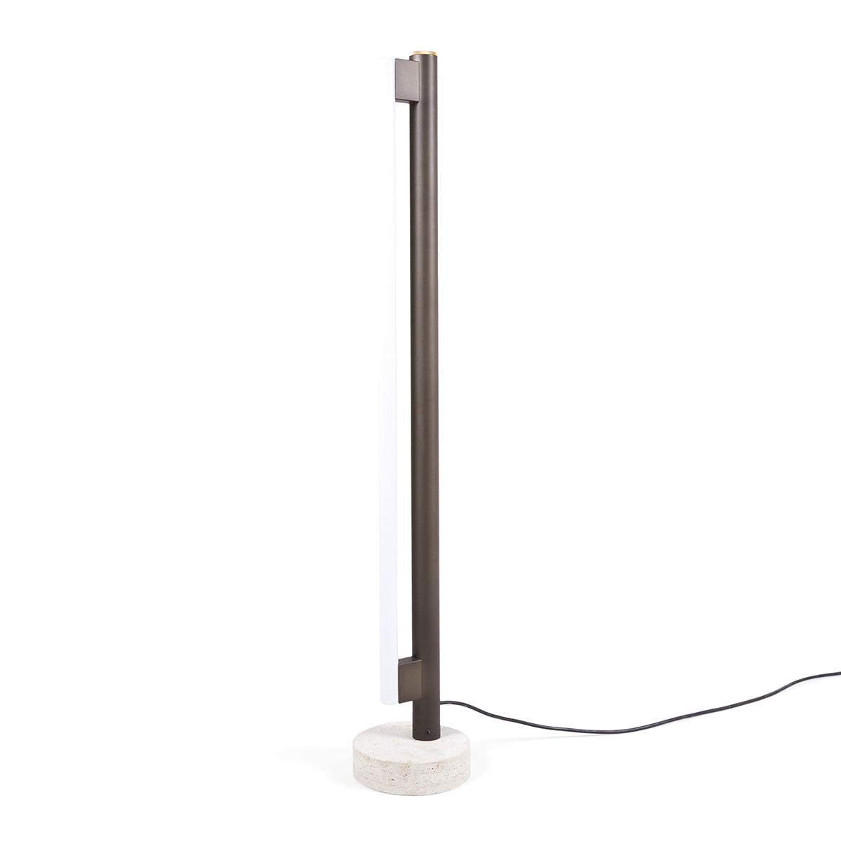 Eiffel Vloerlamp van Frama met een minimalistisch ontwerp, roestvrijstalen frame, opaalglazen LED-buis en een natuurstenen voet, biedt dimbaar sfeerverlichting geschikt voor diverse interieurinstellingen.