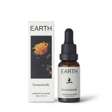 Homework Earth Essential Oil Blend – 20ml – A 100% natural, responsibly-sourced essential oil blend crafted in London, inspired by the stability and grounding nature of the Earth element. Features a scent profile of floral, earthy, spicy, and musky notes, with ingredients like cedarwood, geranium, cardamom, patchouli, black pepper, Siberian fir, lavender, and elemi oils. Ideal for use in diffusers or oil burners to create a calming and balanced atmosphere.