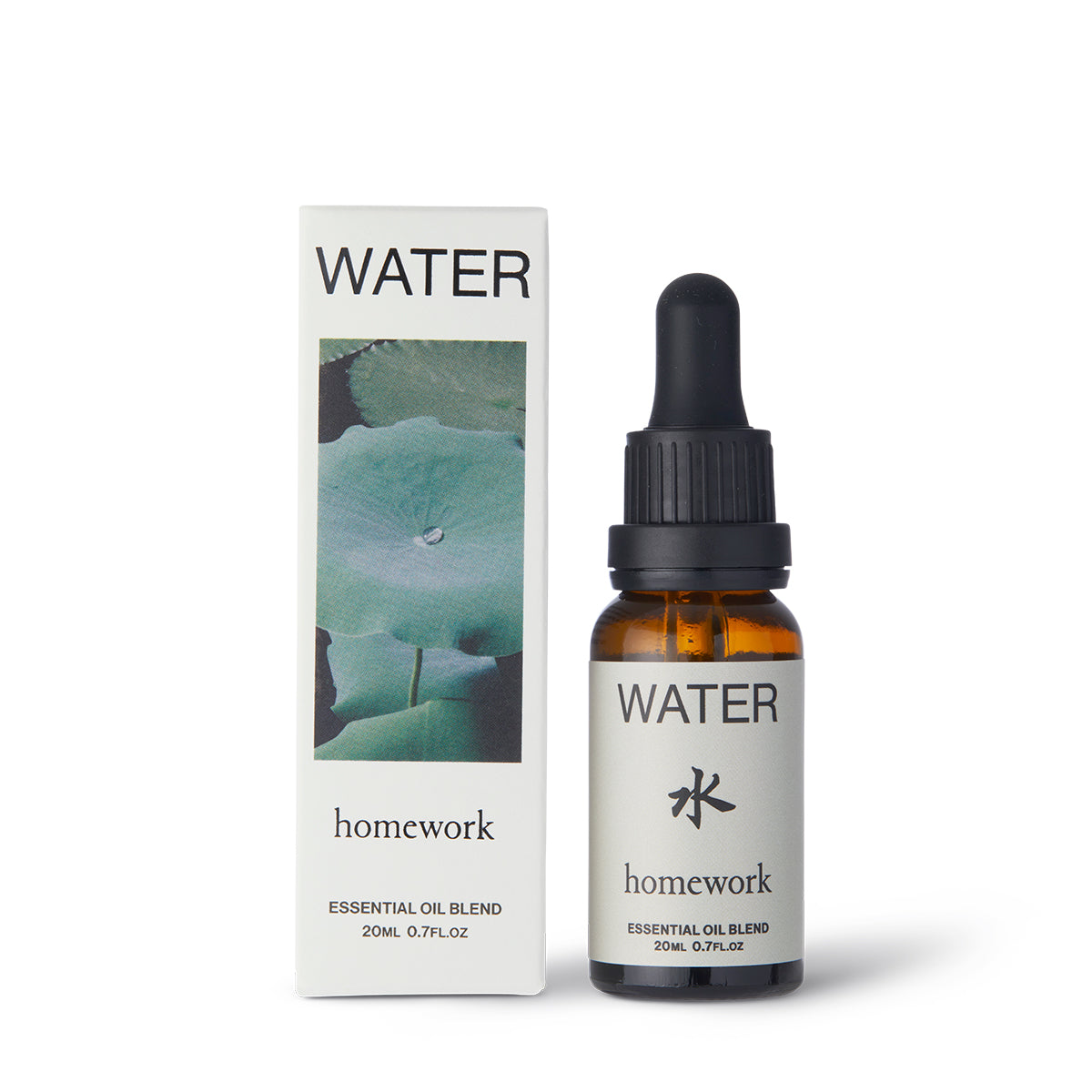 Homework Water Essential Oil Blend – 20ml – A 100% natural essential oil blend crafted in London, inspired by the calming nature of the water element. Features a scent profile of citrus, water, wood, and spice, with ingredients like cedarwood, bergamot, neroli, caraway, petitgrain, basil, lime, and parsley seed oils. Ideal for use in diffusers or oil burners to create a serene atmosphere.