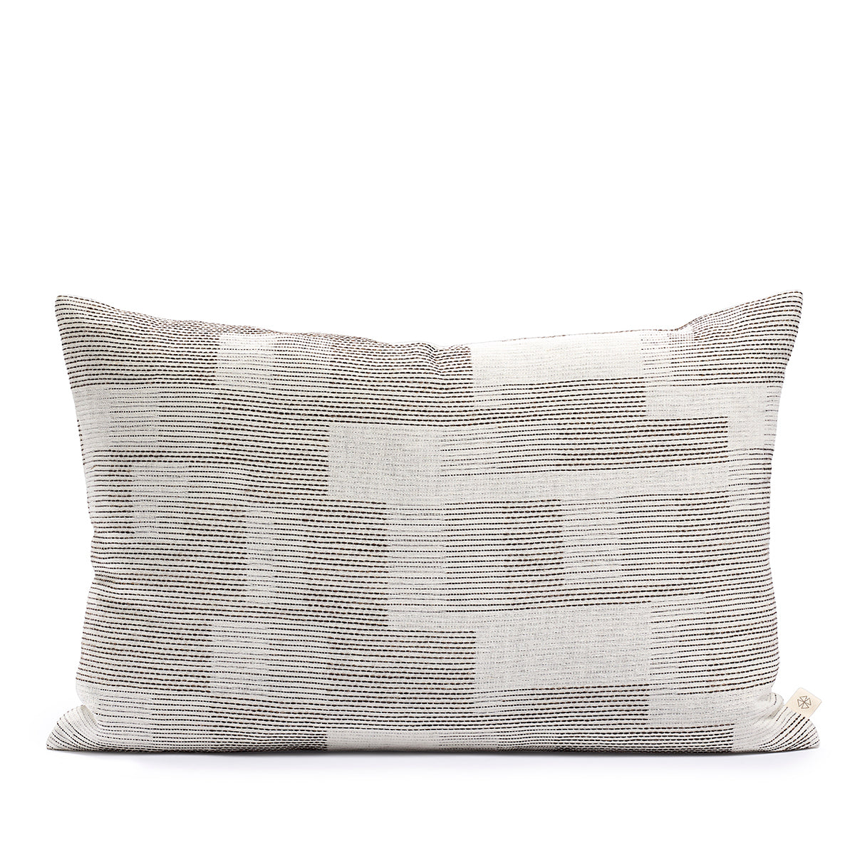 Rectangular brown linen cushion with Sashiko-inspired wool embroidery on Belgian linen, featuring warm brown stitching details and natural texture.