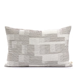 Rectangular brown linen cushion with Sashiko-inspired wool embroidery on Belgian linen, featuring warm brown stitching details and natural texture.
