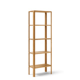 Minimalistische hoge plankkast van massief Europees eikenhout, met sculpturale bladvormige poten en een clean design zonder zichtbare bevestigingen. Ideaal als room divider, sideboard of vrijstaande kast.