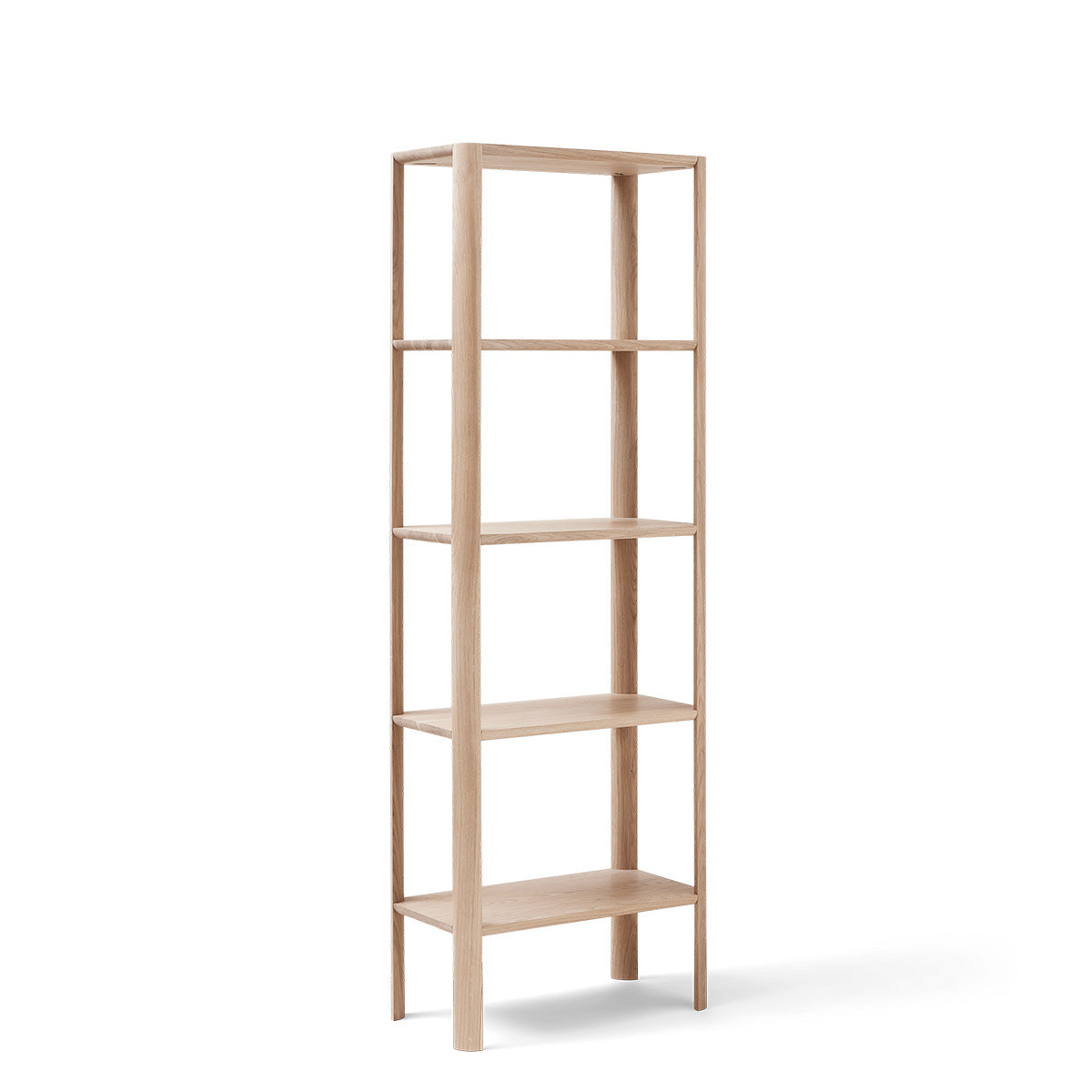 Minimalistische hoge plankkast van massief Europees eikenhout, met sculpturale bladvormige poten en een clean design zonder zichtbare bevestigingen. Ideaal als room divider, sideboard of vrijstaande kast.