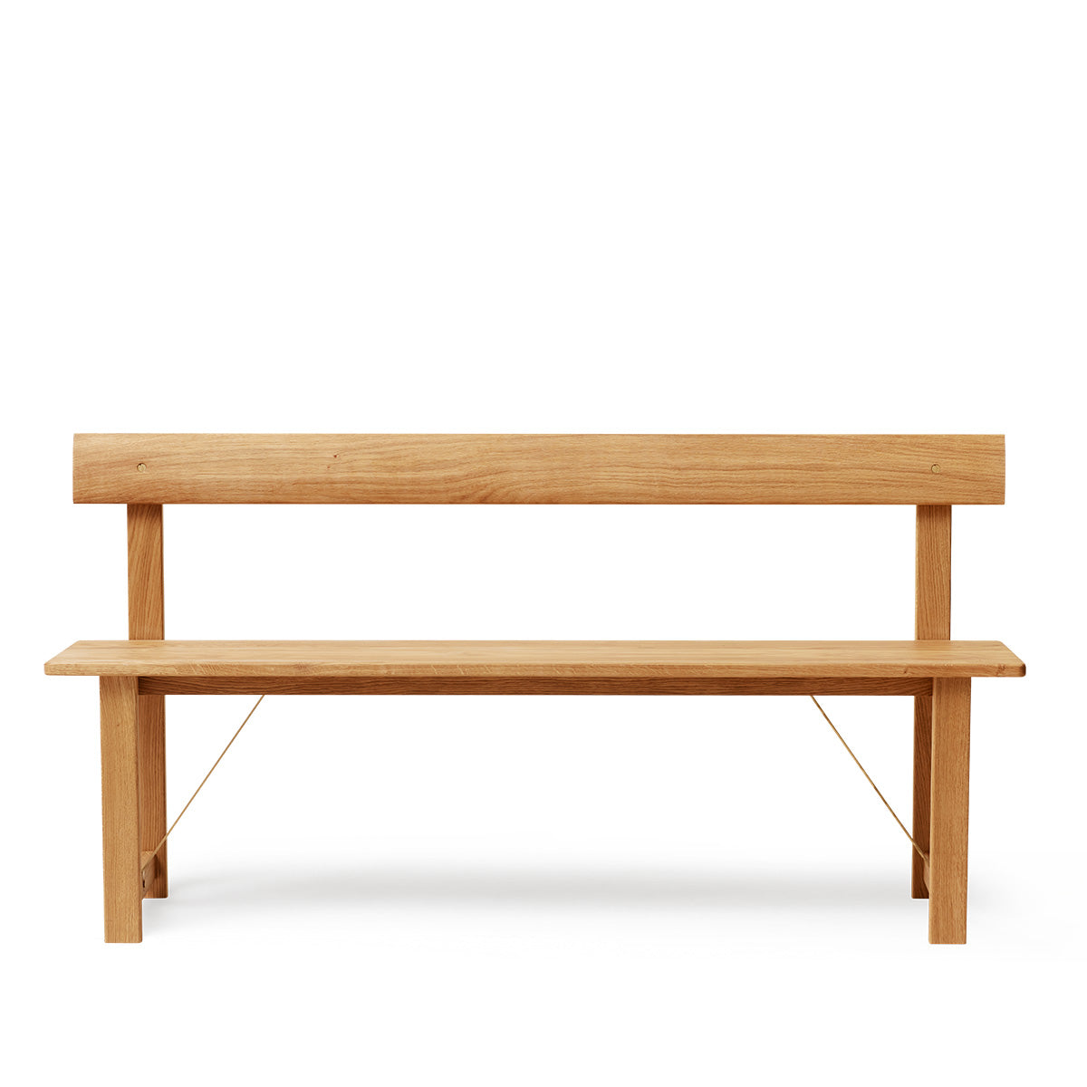 Minimalistische design bank van massief eikenhout met stalen details en rechte lijnen. Eikenhouten bank met rugleuning, geschikt voor hal, eetkamer of woonkamer.