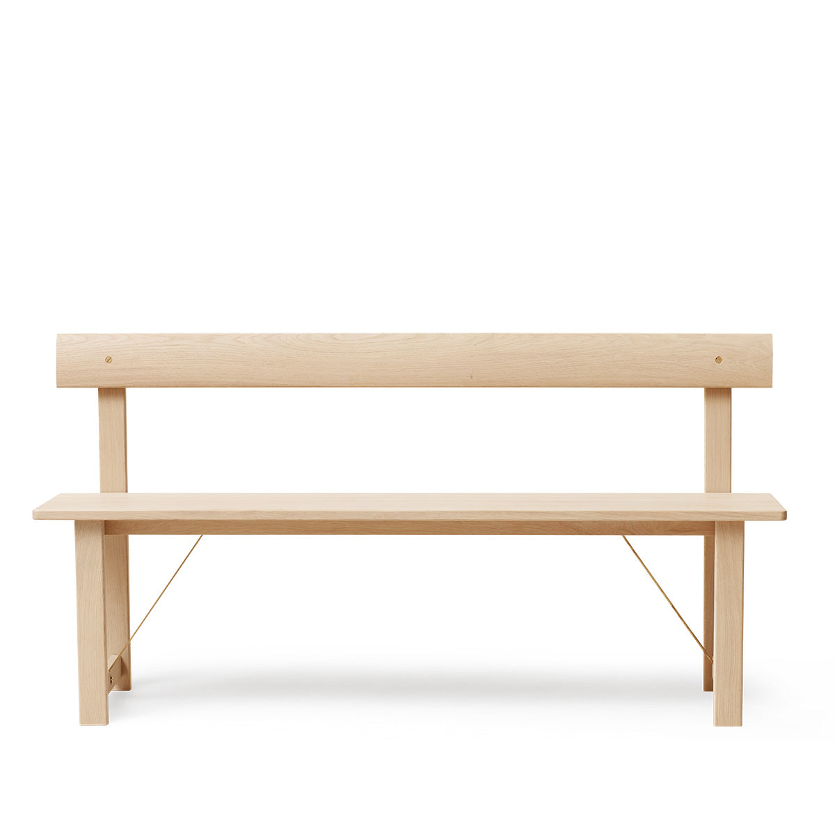 Minimalistische design bank van massief eikenhout met stalen details en rechte lijnen. Eikenhouten bank met rugleuning, geschikt voor hal, eetkamer of woonkamer.