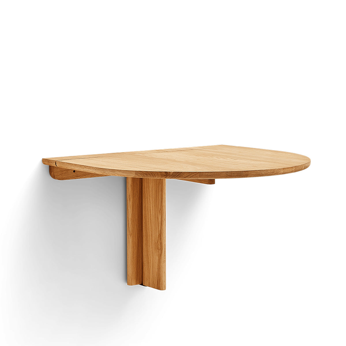 Minimalistische inklapbare wandtafel van massief eikenhout met slank frame en onzichtbaar scharniermechanisme. Ovaal tafelblad dat je eenvoudig inklapt, perfect voor compacte ruimtes.