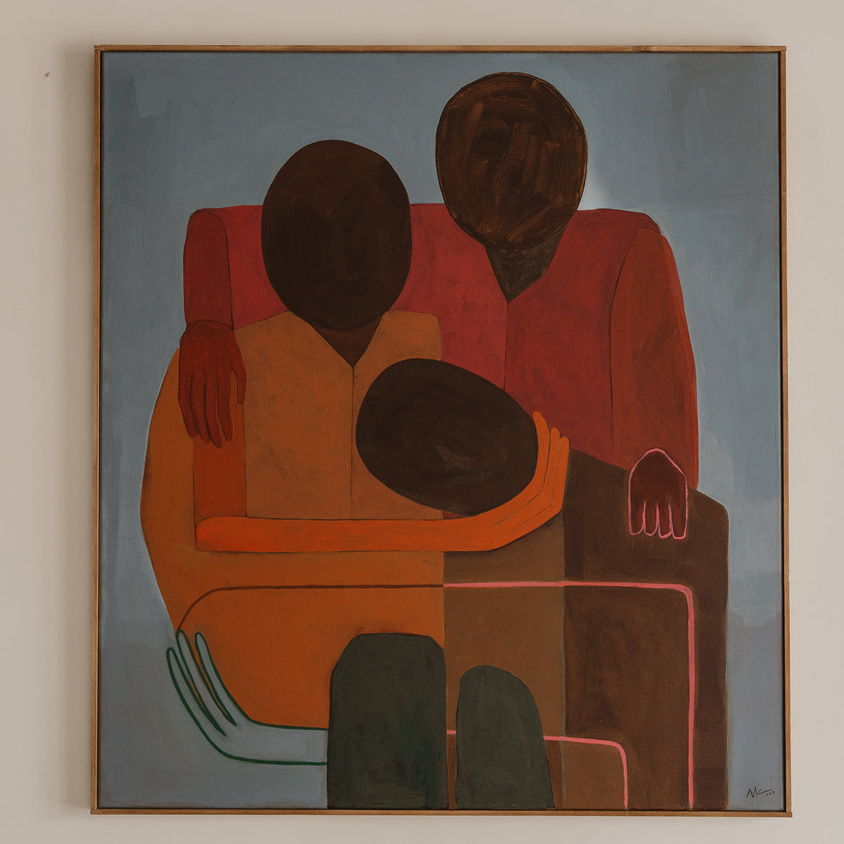 Abstract artwork of three figures sitting together on a couch against a gray background