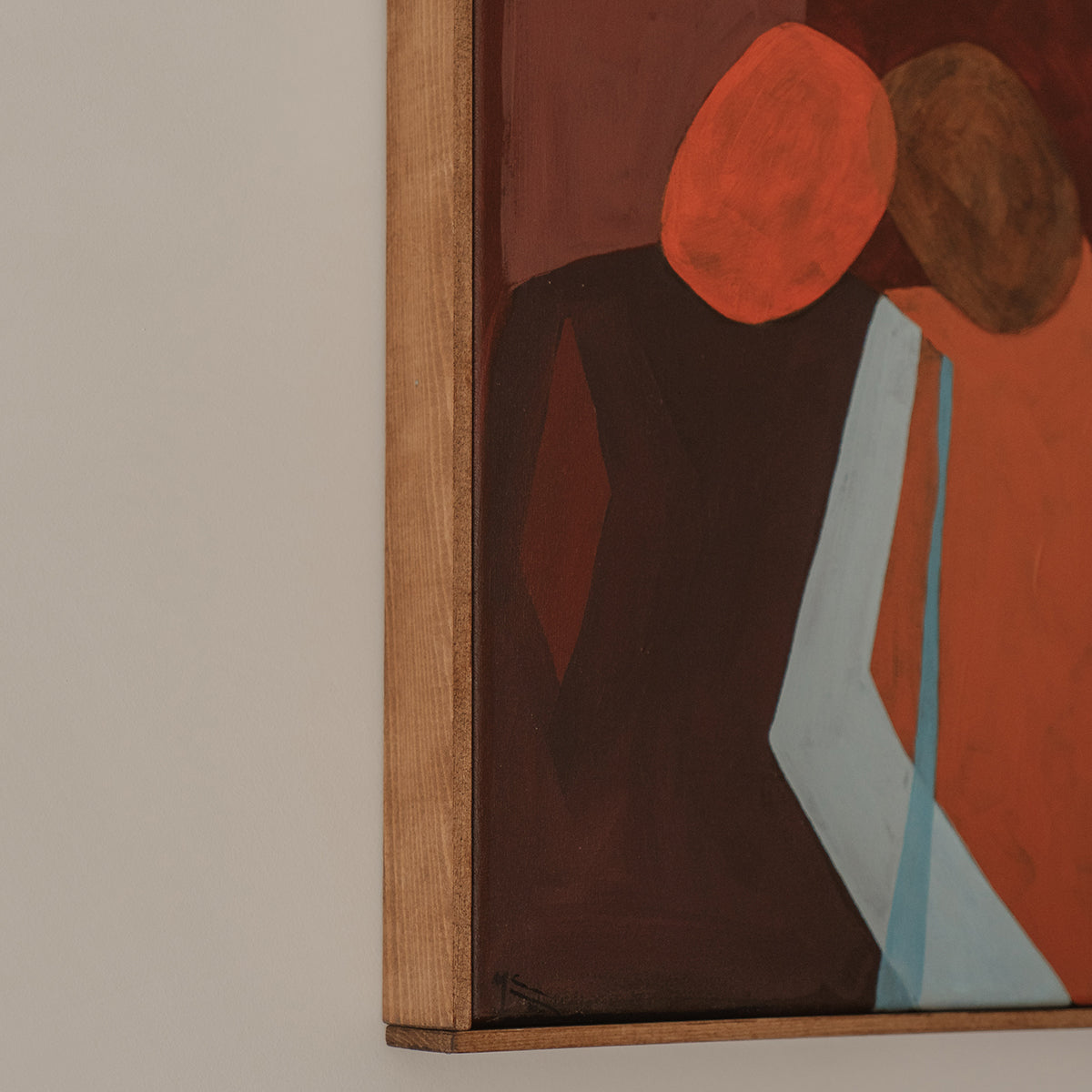 Abstract painting with red, brown, and blue shapes on a beige background