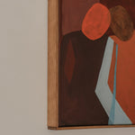 Abstract painting with red, brown, and blue shapes on a beige background