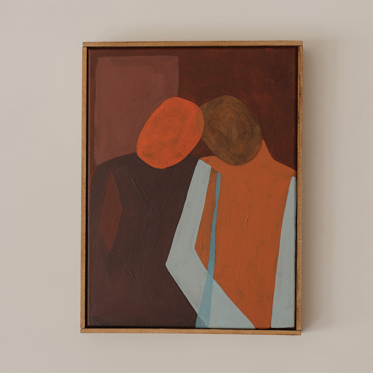 Abstracte kunst van Melanie Calis, twee figuren op een donker rode achtergrond