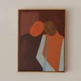 Abstracte kunst van Melanie Calis, twee figuren op een donker rode achtergrond