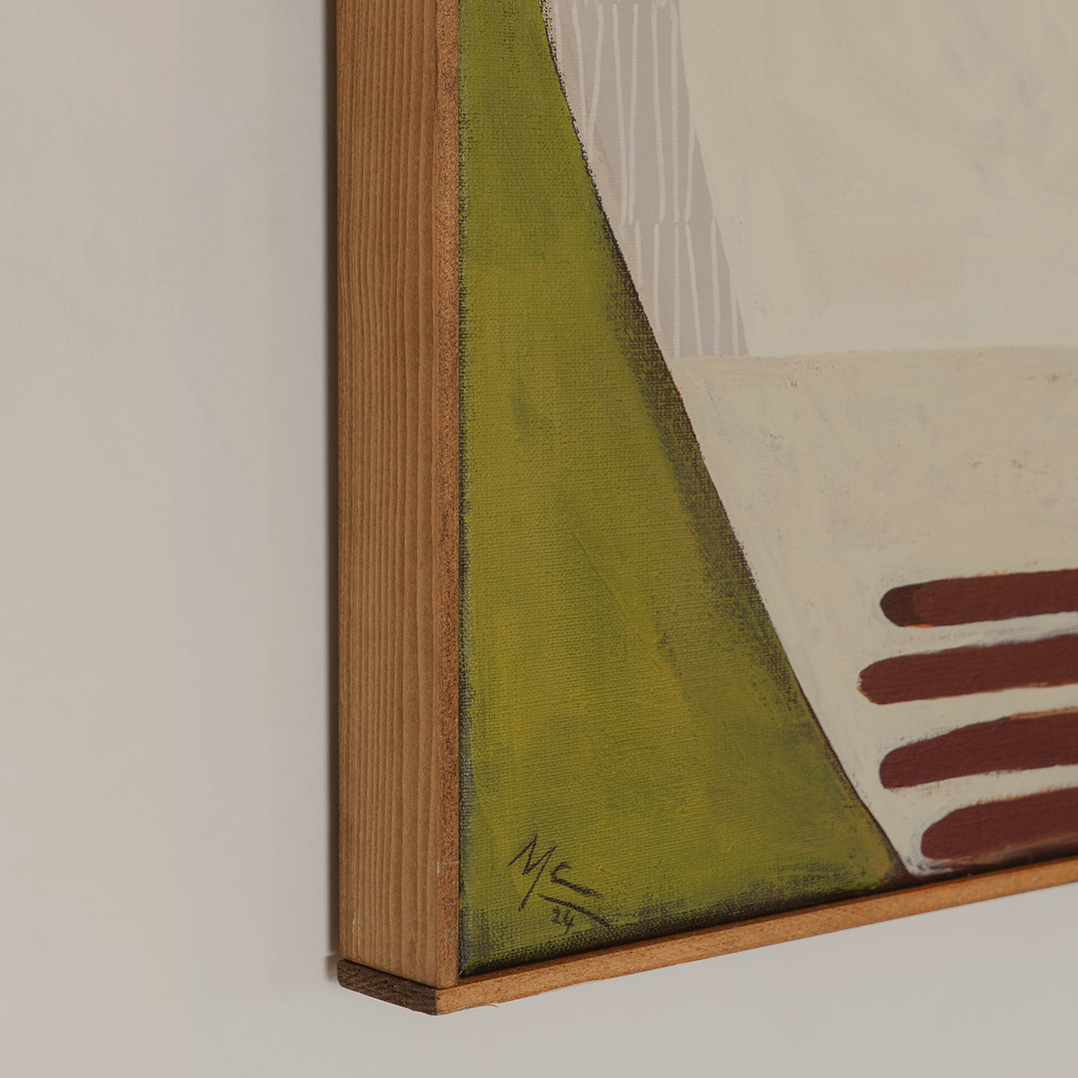Abstract painting with green, brown, and beige colors on a neutral background
