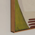 Abstract painting with green, brown, and beige colors on a neutral background