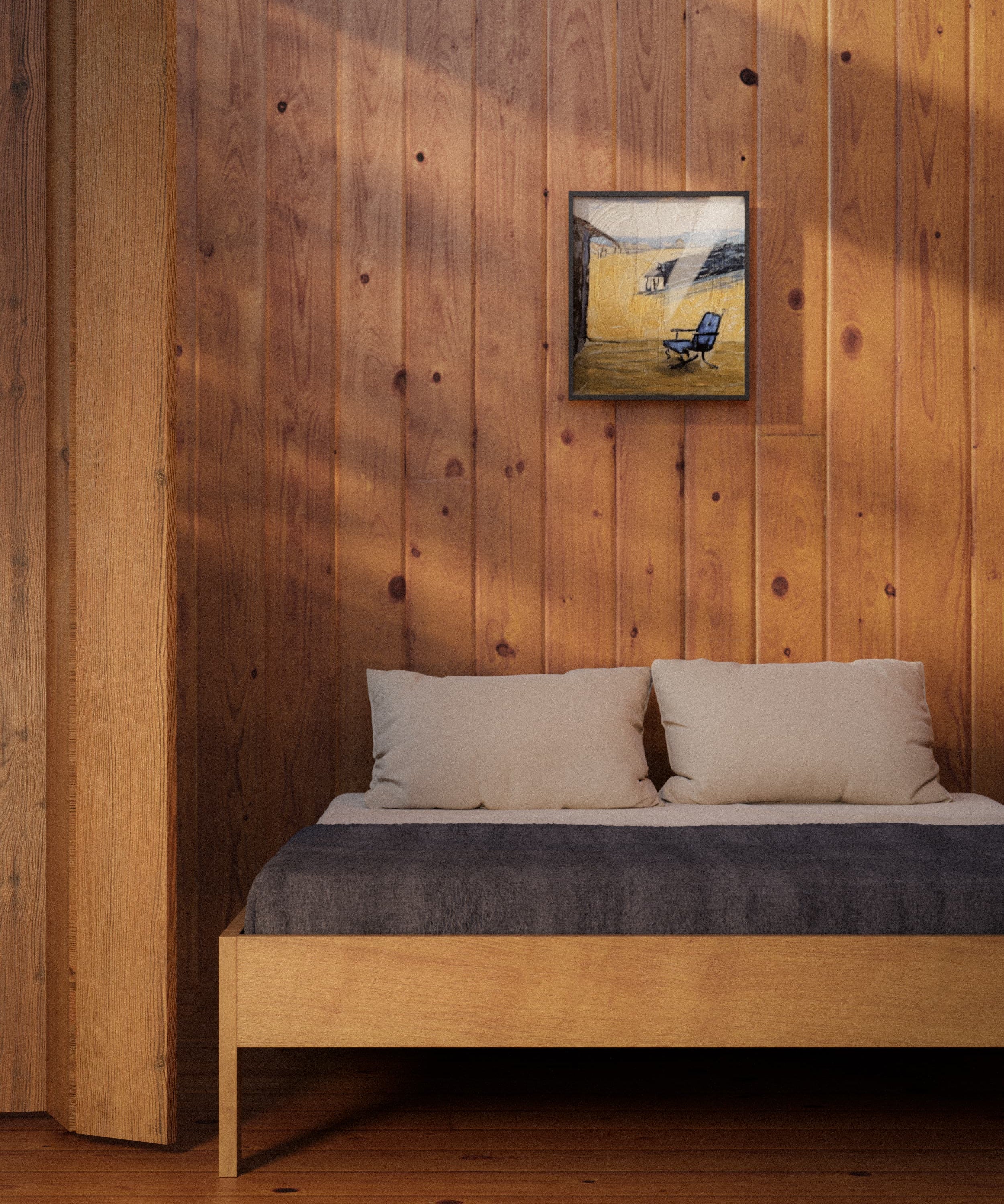 Geolied eiken bedframe zonder hoofdbord.
