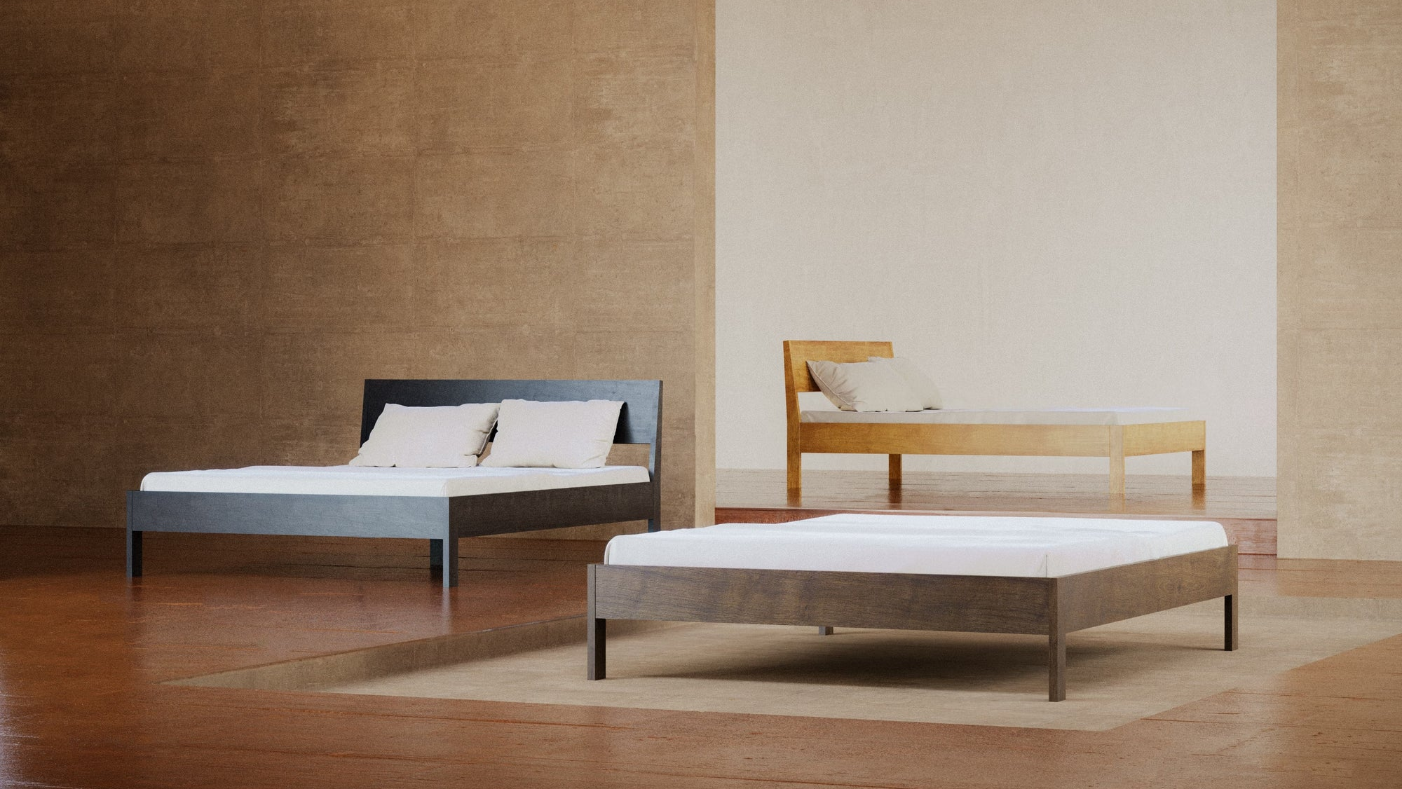 Houten Ejer bed frames van Rye Sleep, met en zonder hoofdbord.