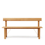 Minimalistische design bank van massief eikenhout met stalen details en rechte lijnen. Eikenhouten bank met rugleuning, geschikt voor hal, eetkamer of woonkamer.
