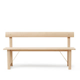 Minimalistische design bank van massief eikenhout met stalen details en rechte lijnen. Eikenhouten bank met rugleuning, geschikt voor hal, eetkamer of woonkamer.